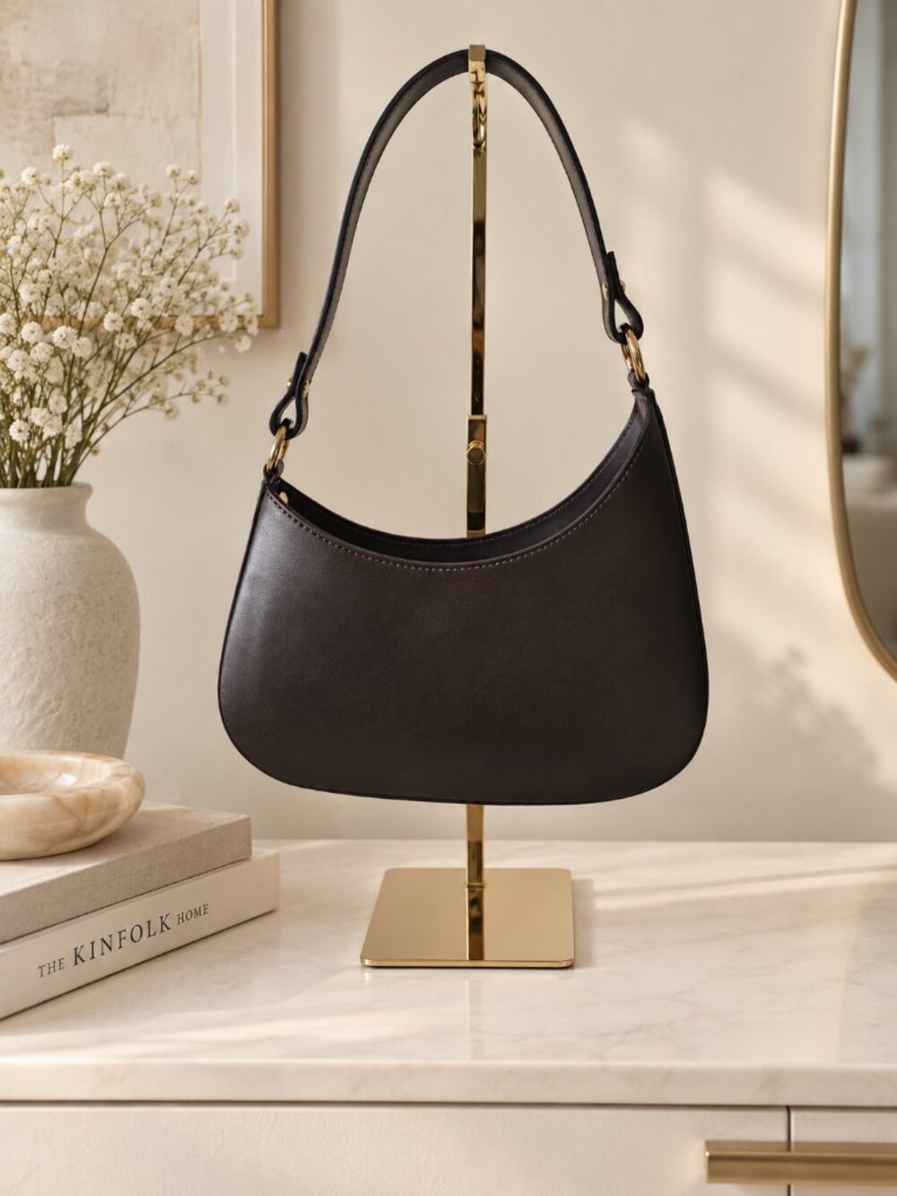 Dark Chocolate Leather Crescent Bag, Italian Leather Shoulder Bag